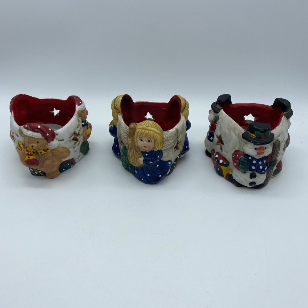 Set of 3 Figures Candle Holder Snowman Angels Bears Christmas Votive In Box